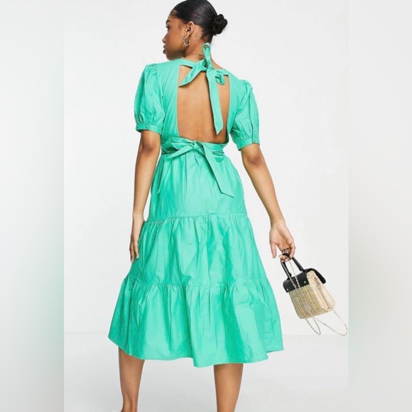 Influence Dresses & Skirts - Influence Open Back Tiered Midi Dress Green Puff Sleeve Plus Sz 22 Cruise Vacay